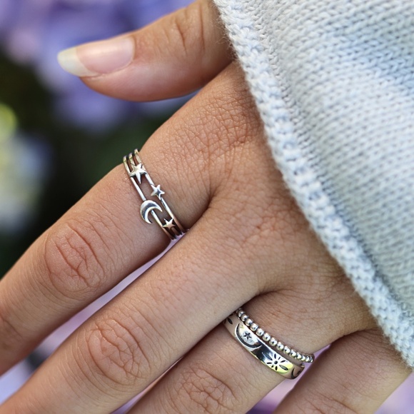 925 Sterling Silver Layered Moon and Stars Ring - Picture 10 of 10